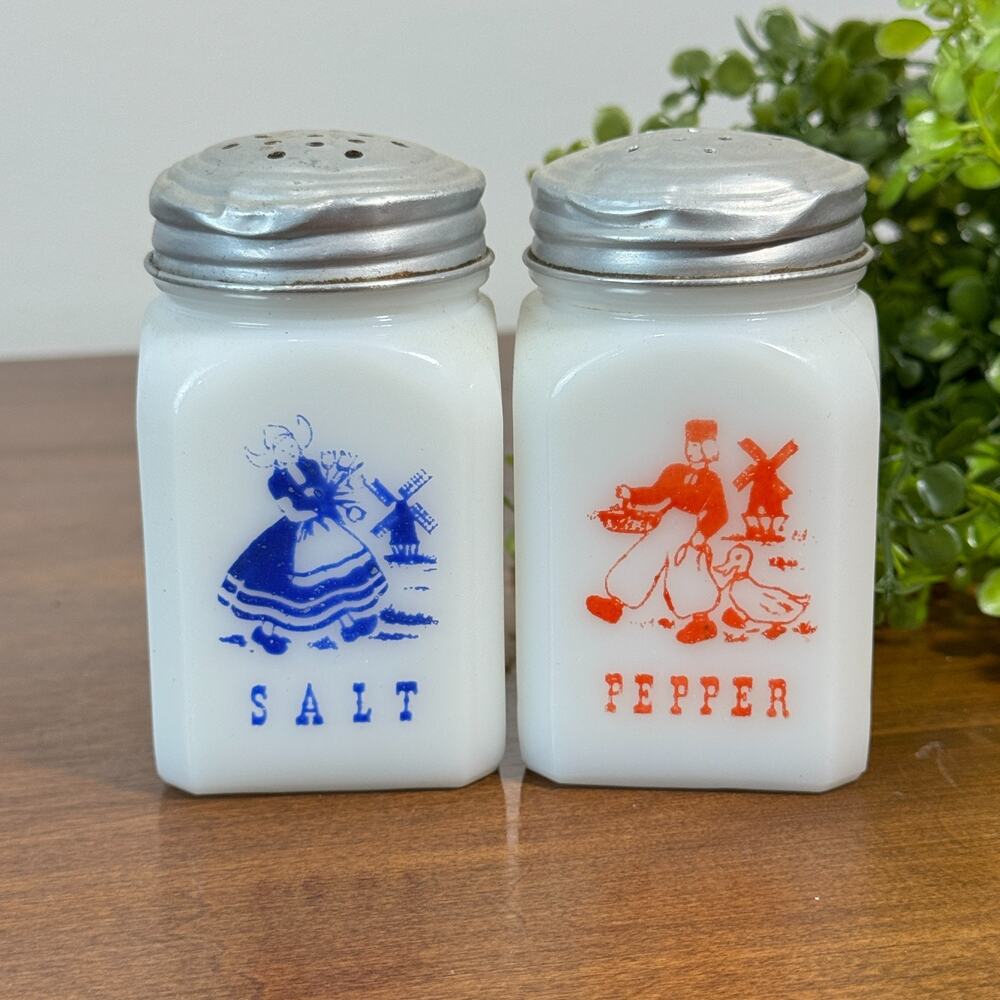 Vintage Hazel Atlas Salt & Pepper Shakers Milk Glass White Red Blue Windmill